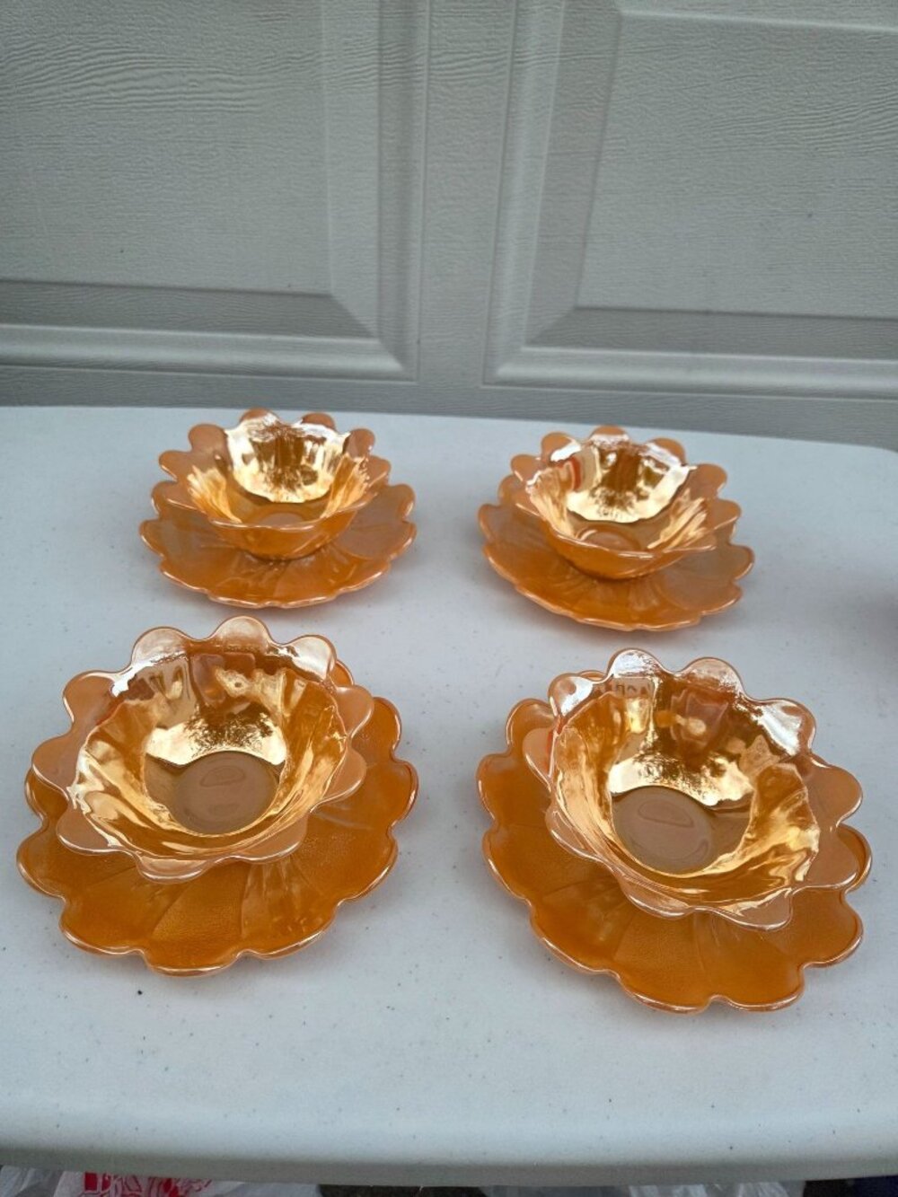Anchor Hocking Fire King Peach Lustre Lotus Dessert Bowl & Plate Set Of 4